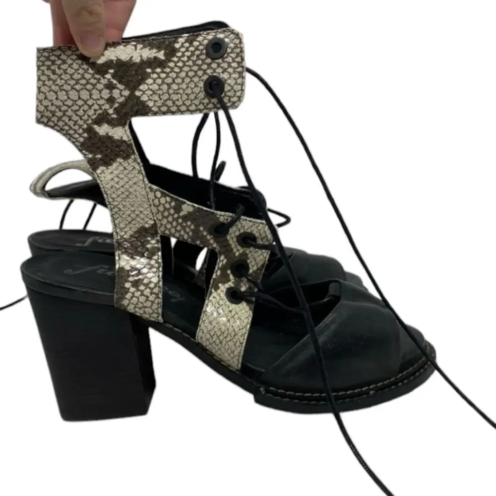Free People Snake Print Lennon Leather Sandal Block Heel Lace Up Cutout 39